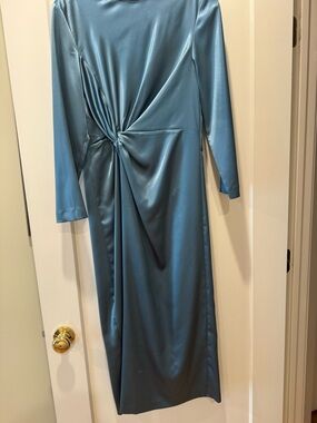 Elegant Blue Satin Twist-Front Long Sleeve Dress